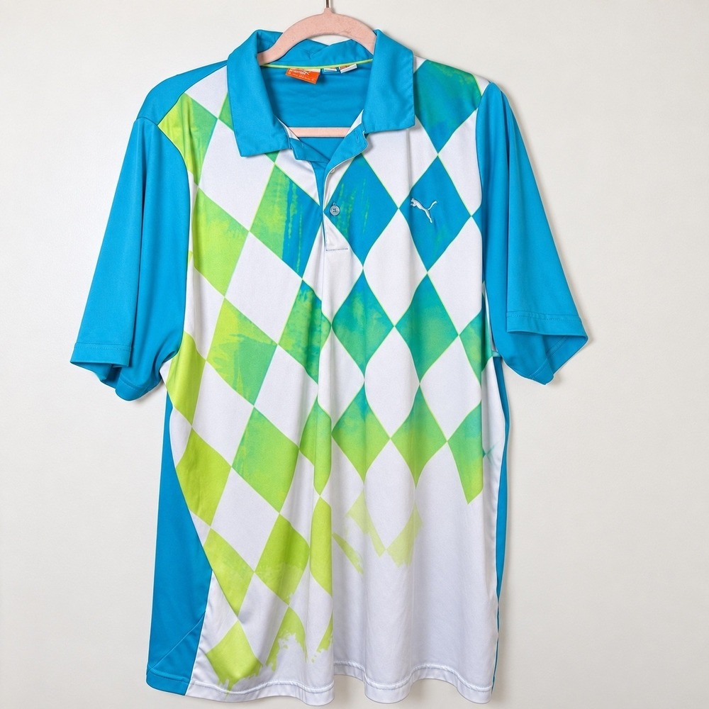 Puma Golf Shirt Mens XL Teal Argyle Dry Cell Polo Short Sleeve Sportlifestyle